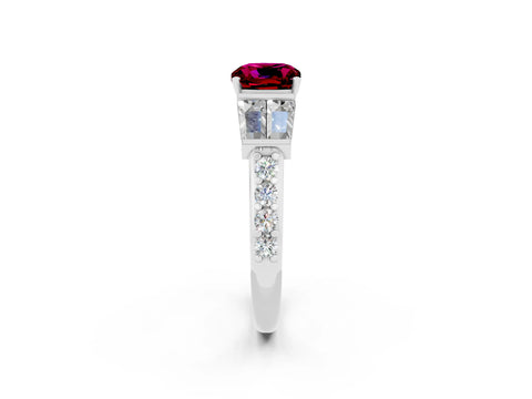 White gold Cushion Cut Garnet Engagement Ring with Baguette Side Stones and Channel Set Band_2