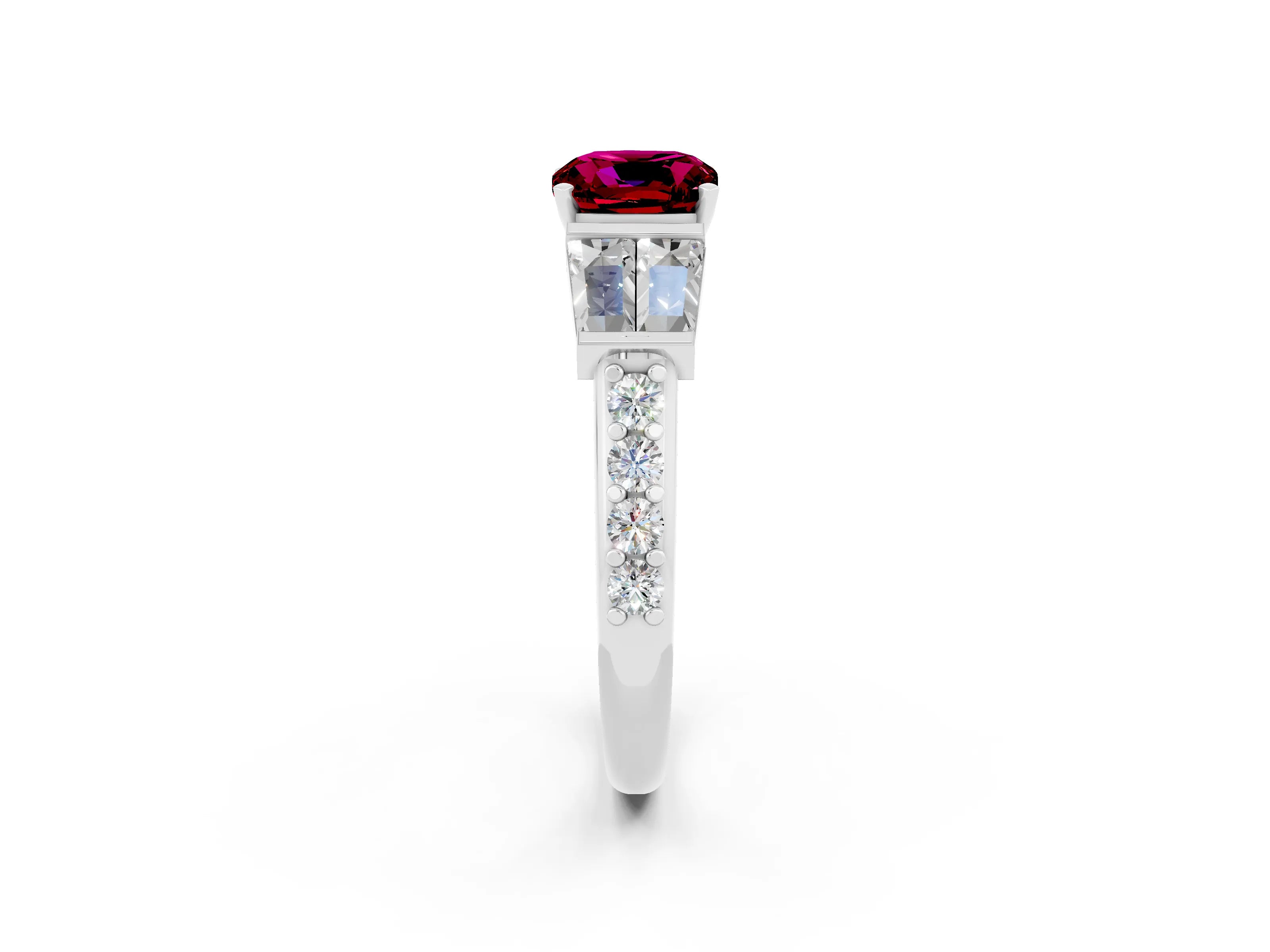 White gold Cushion Cut Garnet Engagement Ring with Baguette Side Stones and Channel Set Band_2
