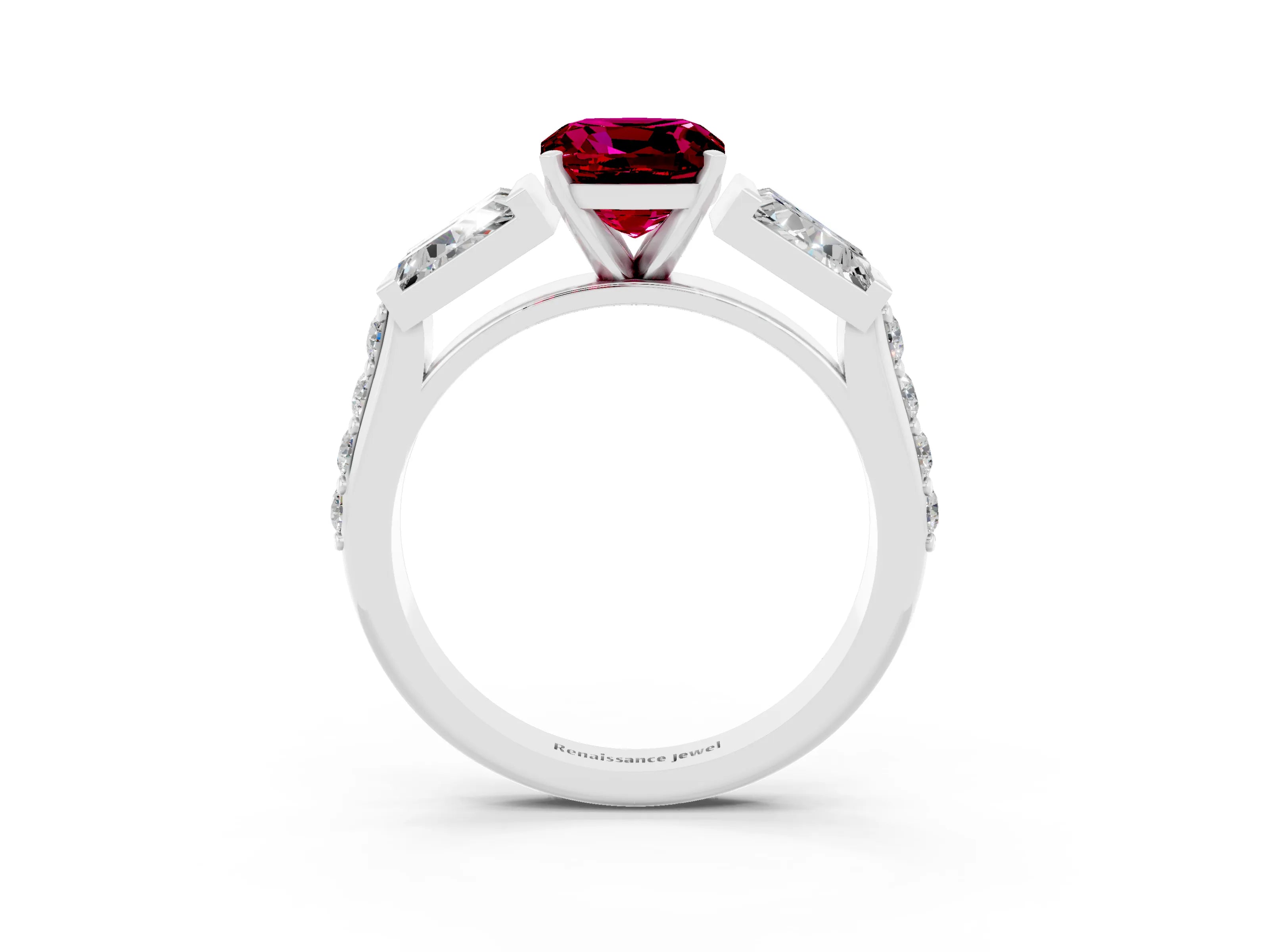 White gold Cushion Cut Garnet Engagement Ring with Baguette Side Stones and Channel Set Band_3