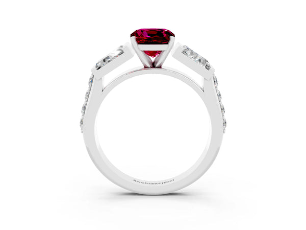 White gold Cushion Cut Garnet Engagement Ring with Baguette Side Stones and Channel Set Band