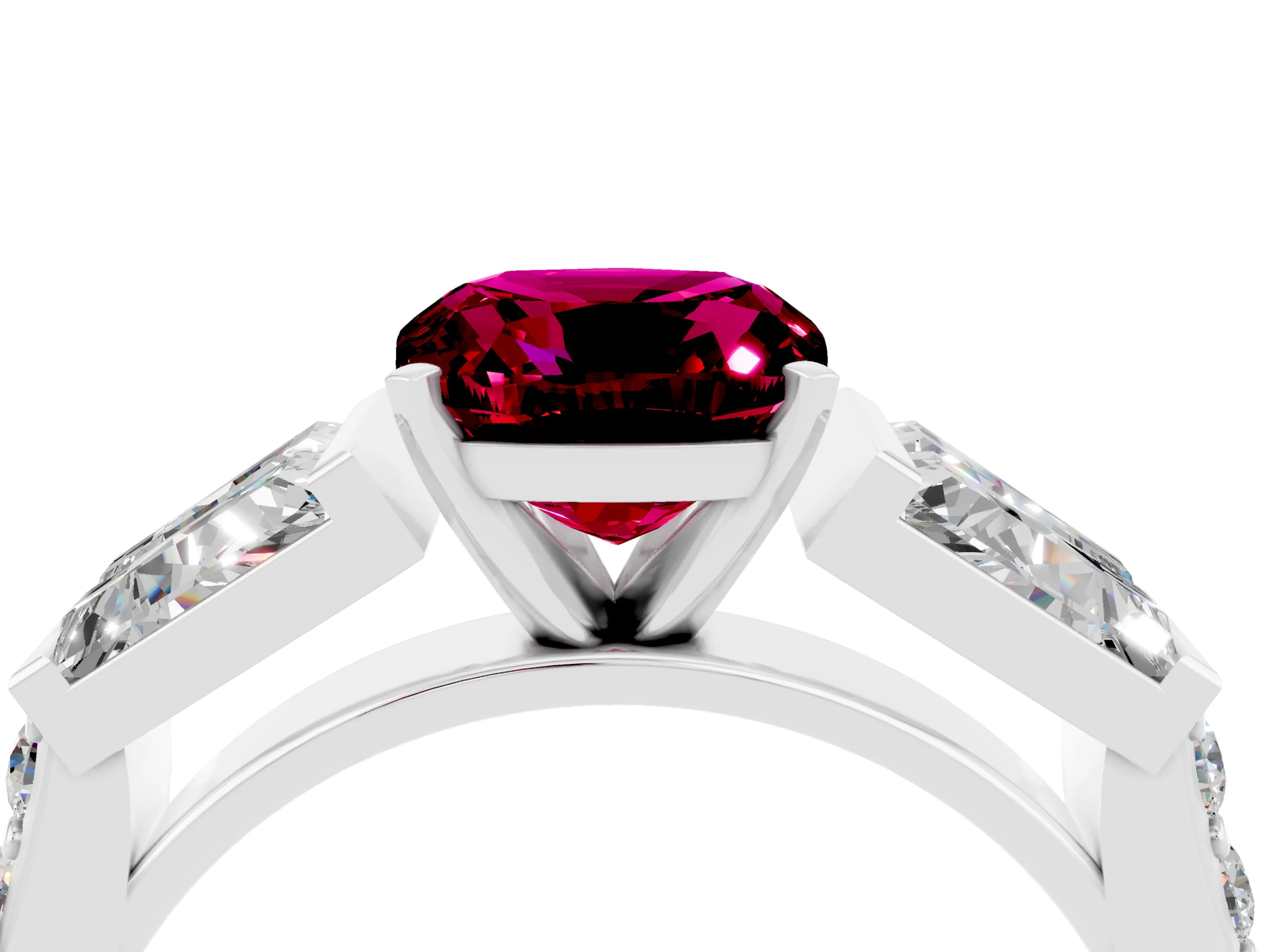 White gold Cushion Cut Garnet Engagement Ring with Baguette Side Stones and Channel Set Band_4