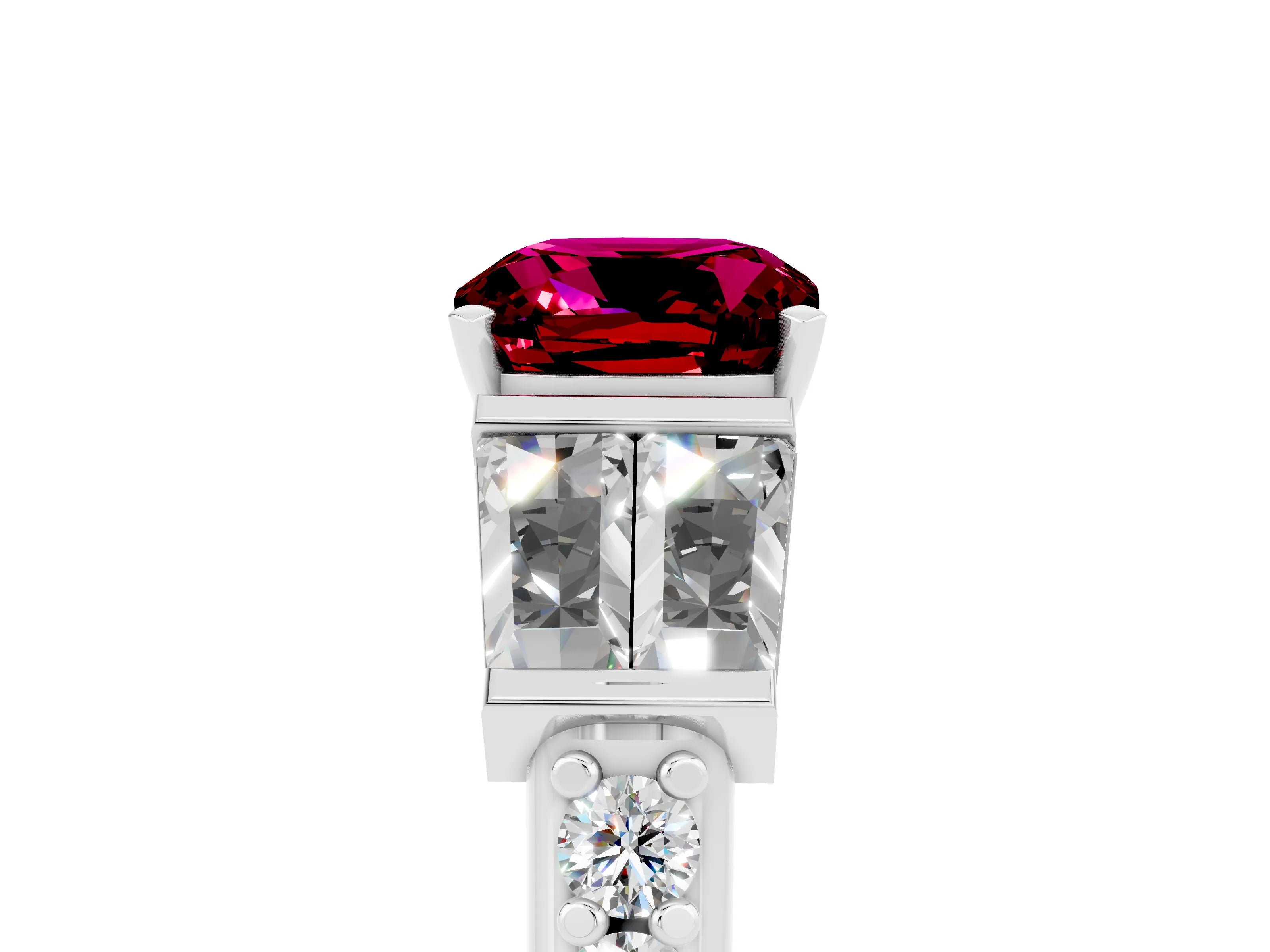 White gold Cushion Cut Garnet Engagement Ring with Baguette Side Stones and Channel Set Band_5