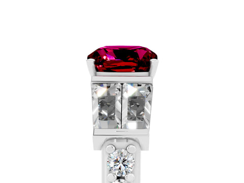 White gold Cushion Cut Garnet Engagement Ring with Baguette Side Stones and Channel Set Band_5