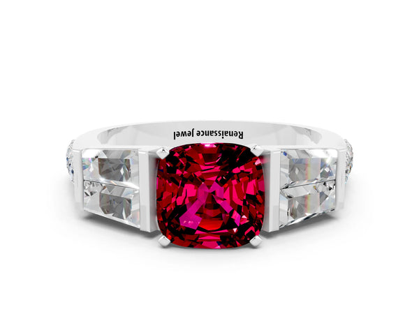 White gold Cushion Cut Garnet Engagement Ring with Baguette Side Stones and Channel Set Band