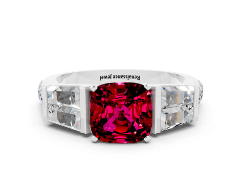 White gold Cushion Cut Garnet Engagement Ring with Baguette Side Stones and Channel Set Band