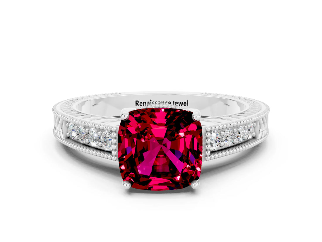 White gold Cushion Cut Garnet Engagement Ring with Milgrain Channel Set Band and Prong Setting