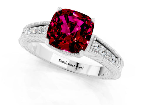 White gold Cushion Cut Garnet Engagement Ring with Milgrain Channel Set Band and Prong Setting_1
