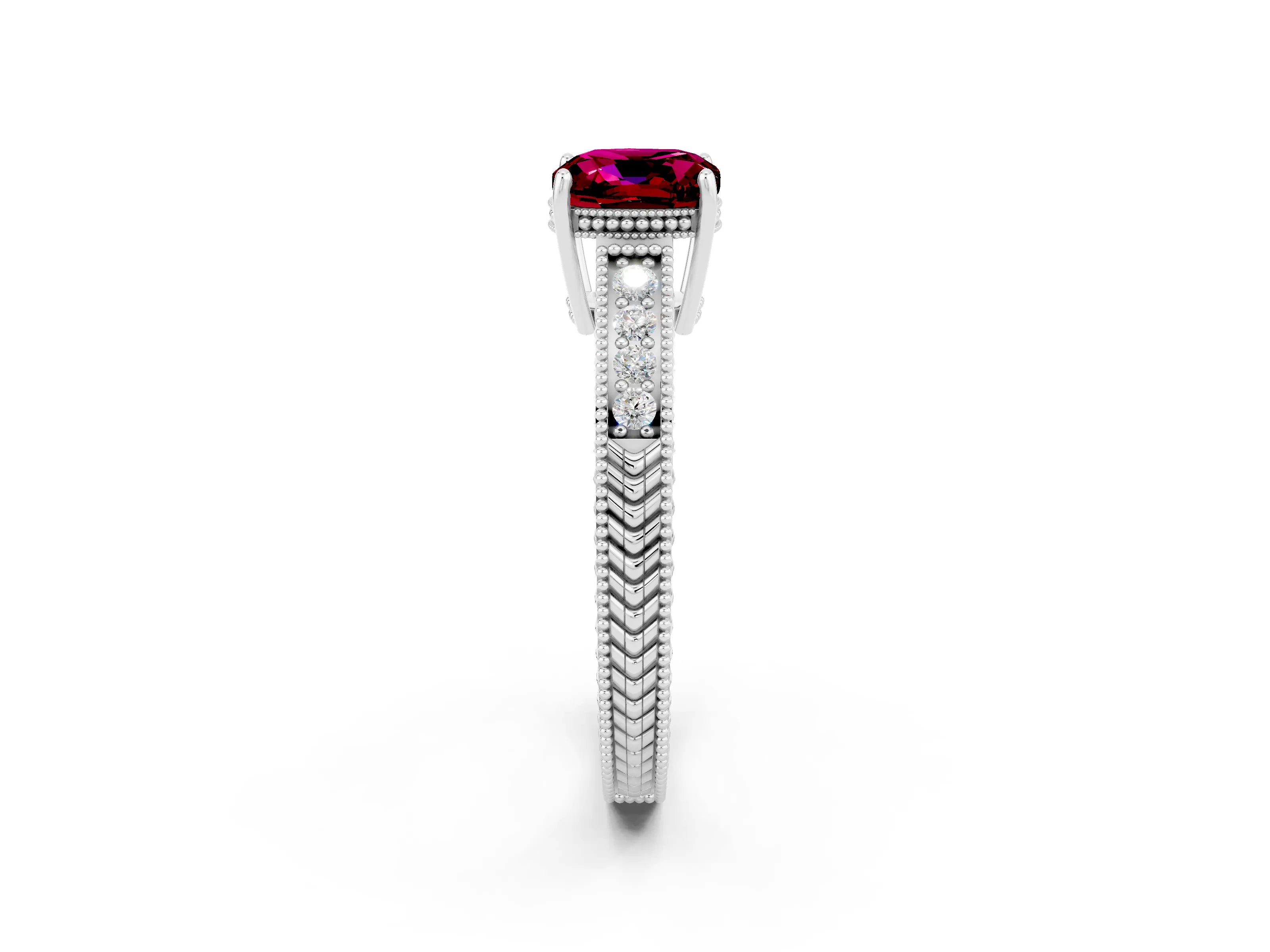 White gold Cushion Cut Garnet Engagement Ring with Milgrain Channel Set Band and Prong Setting_2