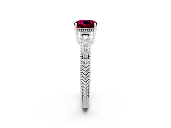 White gold Cushion Cut Garnet Engagement Ring with Milgrain Channel Set Band and Prong Setting