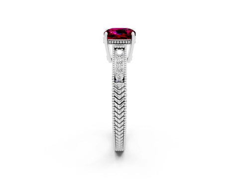 White gold Cushion Cut Garnet Engagement Ring with Milgrain Channel Set Band and Prong Setting_2
