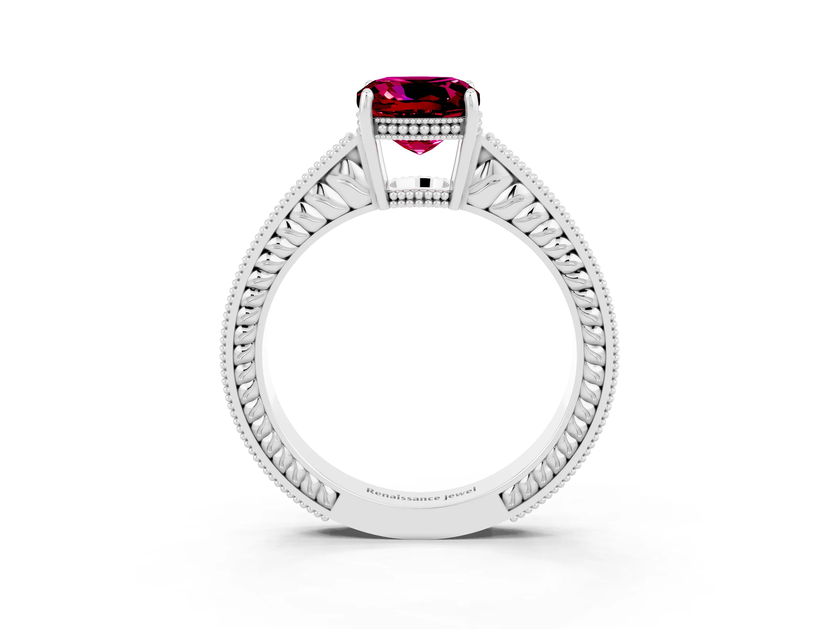 White gold Cushion Cut Garnet Engagement Ring with Milgrain Channel Set Band and Prong Setting_3