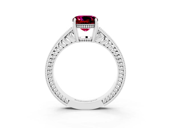 White gold Cushion Cut Garnet Engagement Ring with Milgrain Channel Set Band and Prong Setting