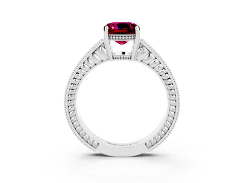 White gold Cushion Cut Garnet Engagement Ring with Milgrain Channel Set Band and Prong Setting_3