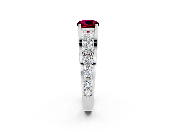 Silver Cushion Cut Garnet Engagement Ring with Pavé Band and Four-Prong Setting