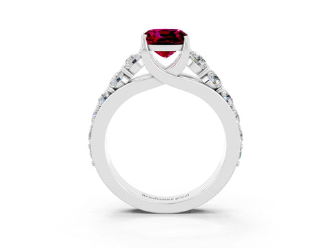 White gold Cushion Cut Garnet Engagement Ring with Pavé Band and Four-Prong Setting_3