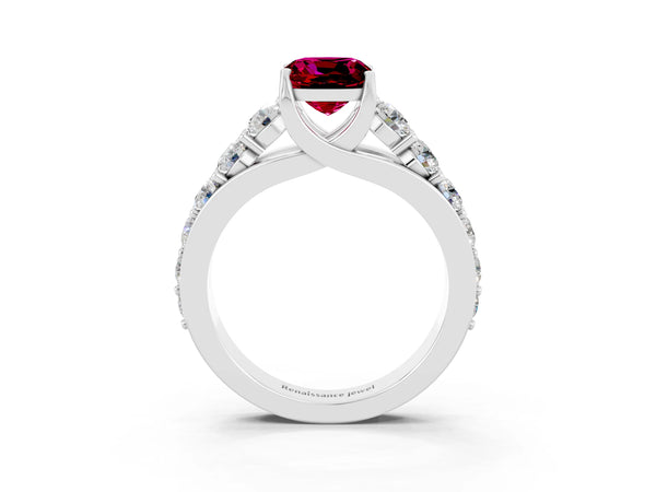 Silver Cushion Cut Garnet Engagement Ring with Pavé Band and Four-Prong Setting