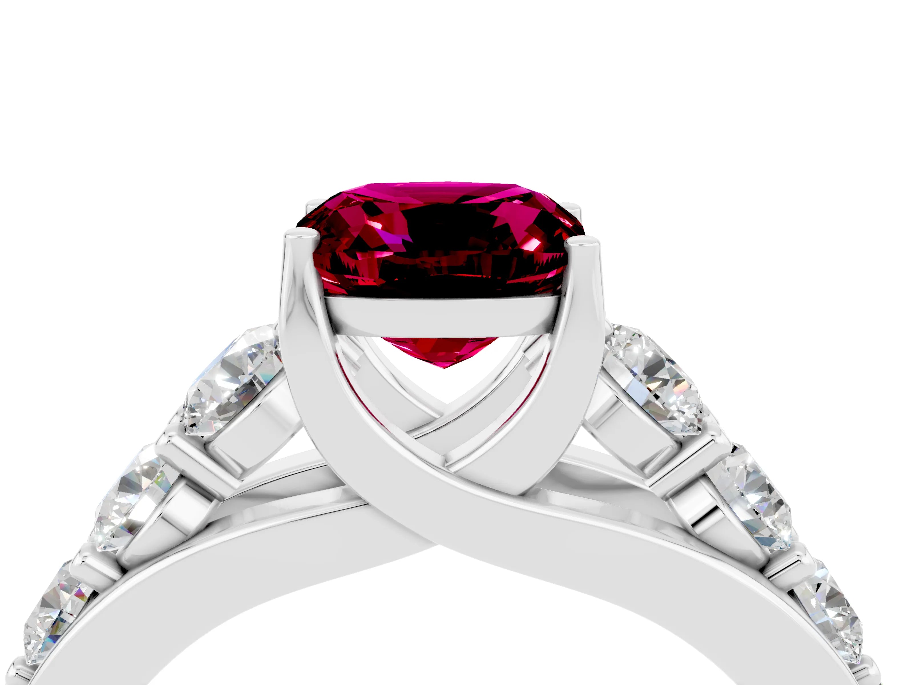 White gold Cushion Cut Garnet Engagement Ring with Pavé Band and Four-Prong Setting_4