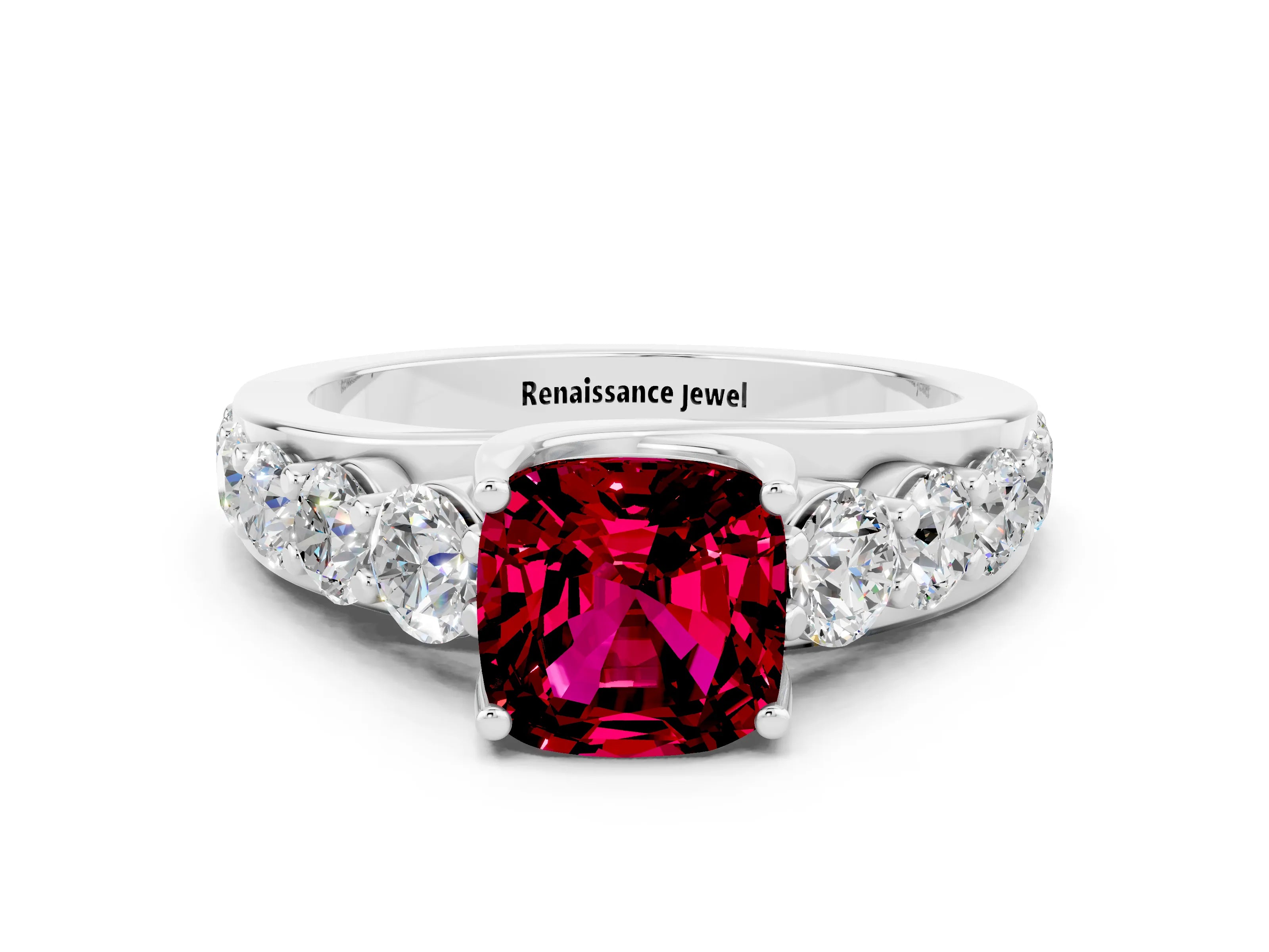White gold Cushion Cut Garnet Engagement Ring with Pavé Band and Four-Prong Setting