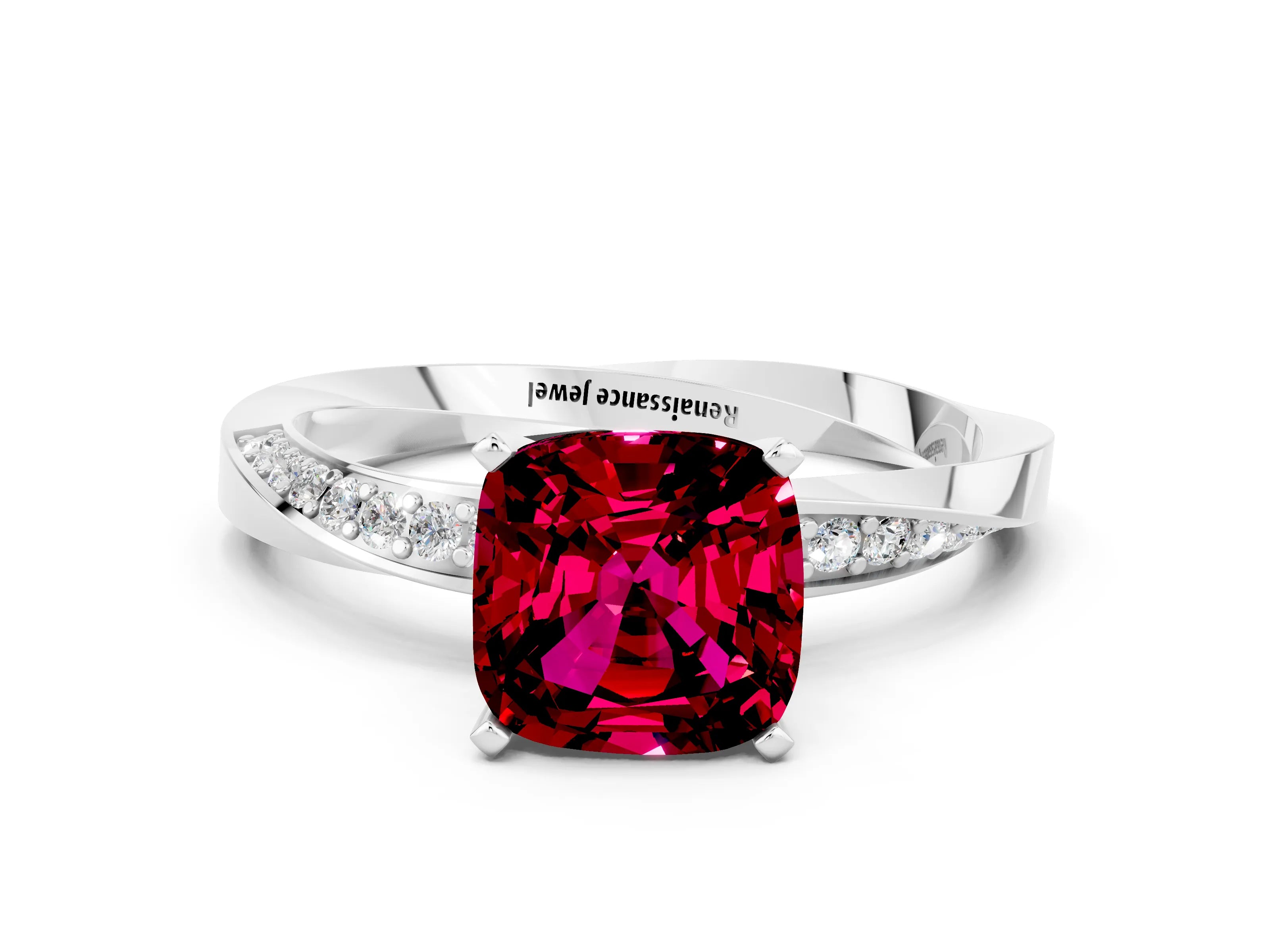 White gold Cushion Cut Garnet Engagement Ring with Side Stone Accents and Four-Prong Setting_27