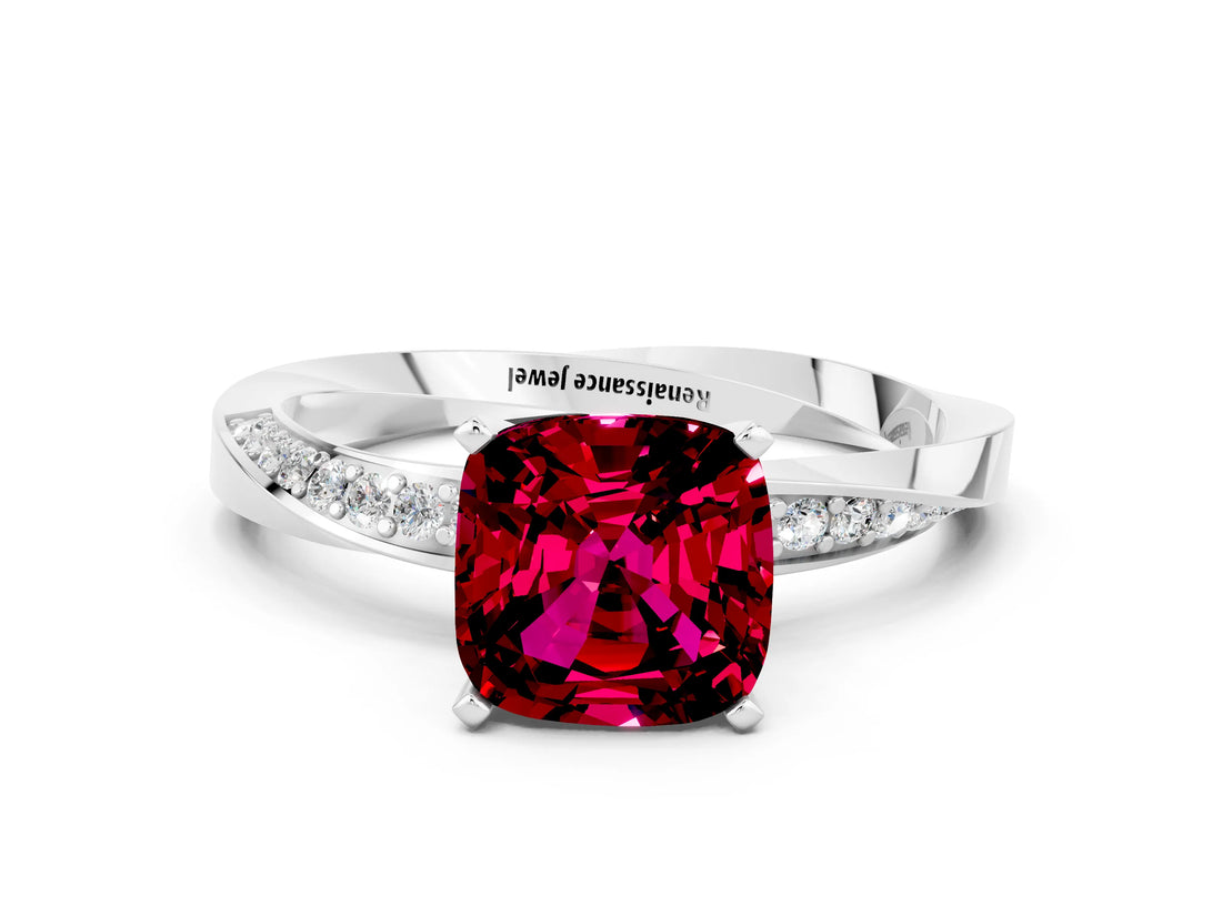 White gold Cushion Cut Garnet Engagement Ring with Side Stone Accents and Four-Prong Setting_27