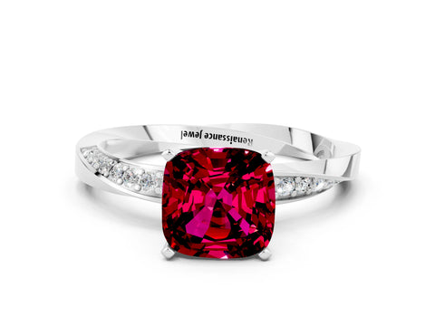White gold Cushion Cut Garnet Engagement Ring with Side Stone Accents and Four-Prong Setting_27