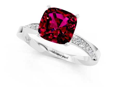 White gold Cushion Cut Garnet Engagement Ring with Side Stone Accents and Four-Prong Setting_28