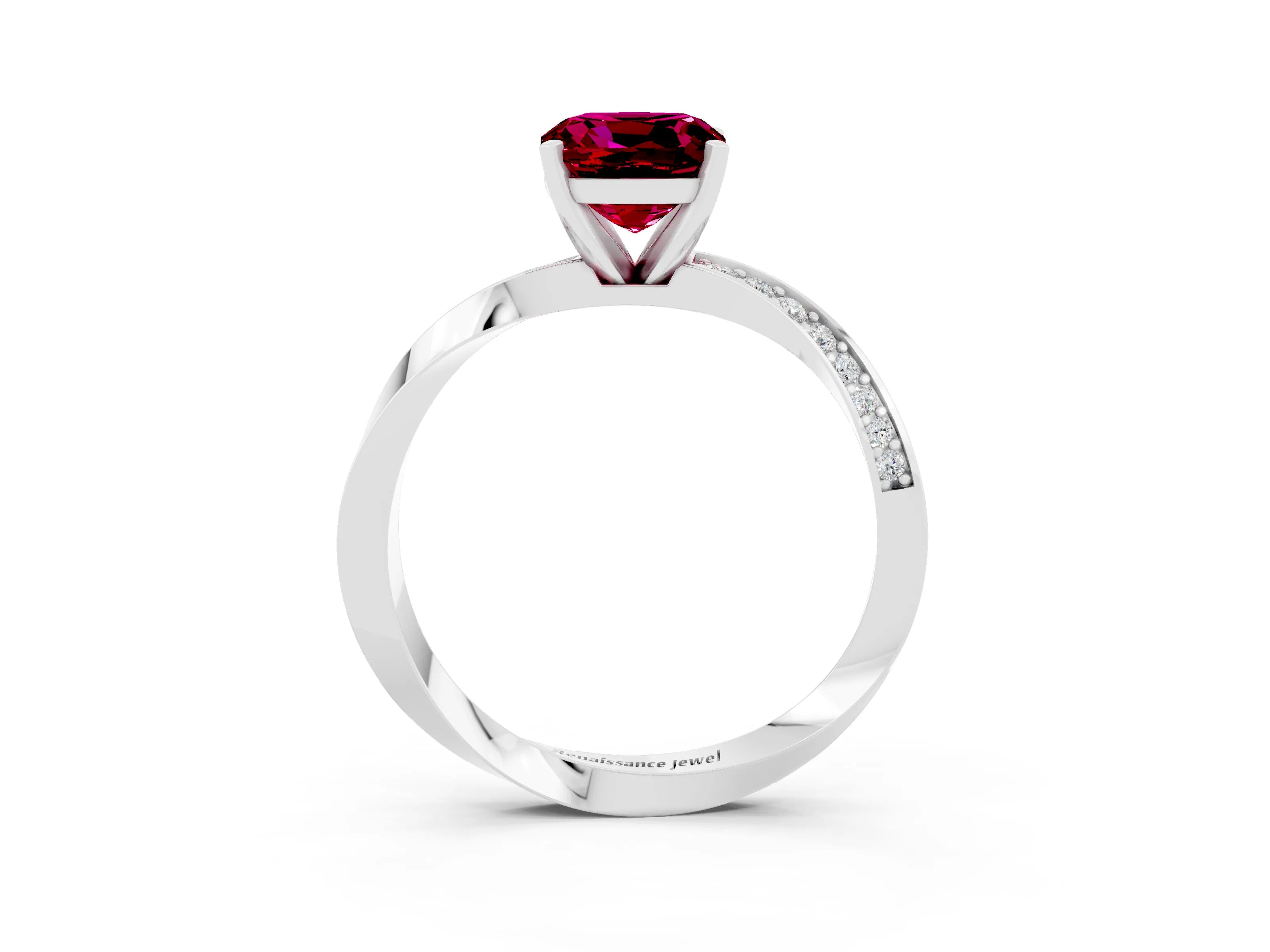 White gold Cushion Cut Garnet Engagement Ring with Side Stone Accents and Four-Prong Setting_30
