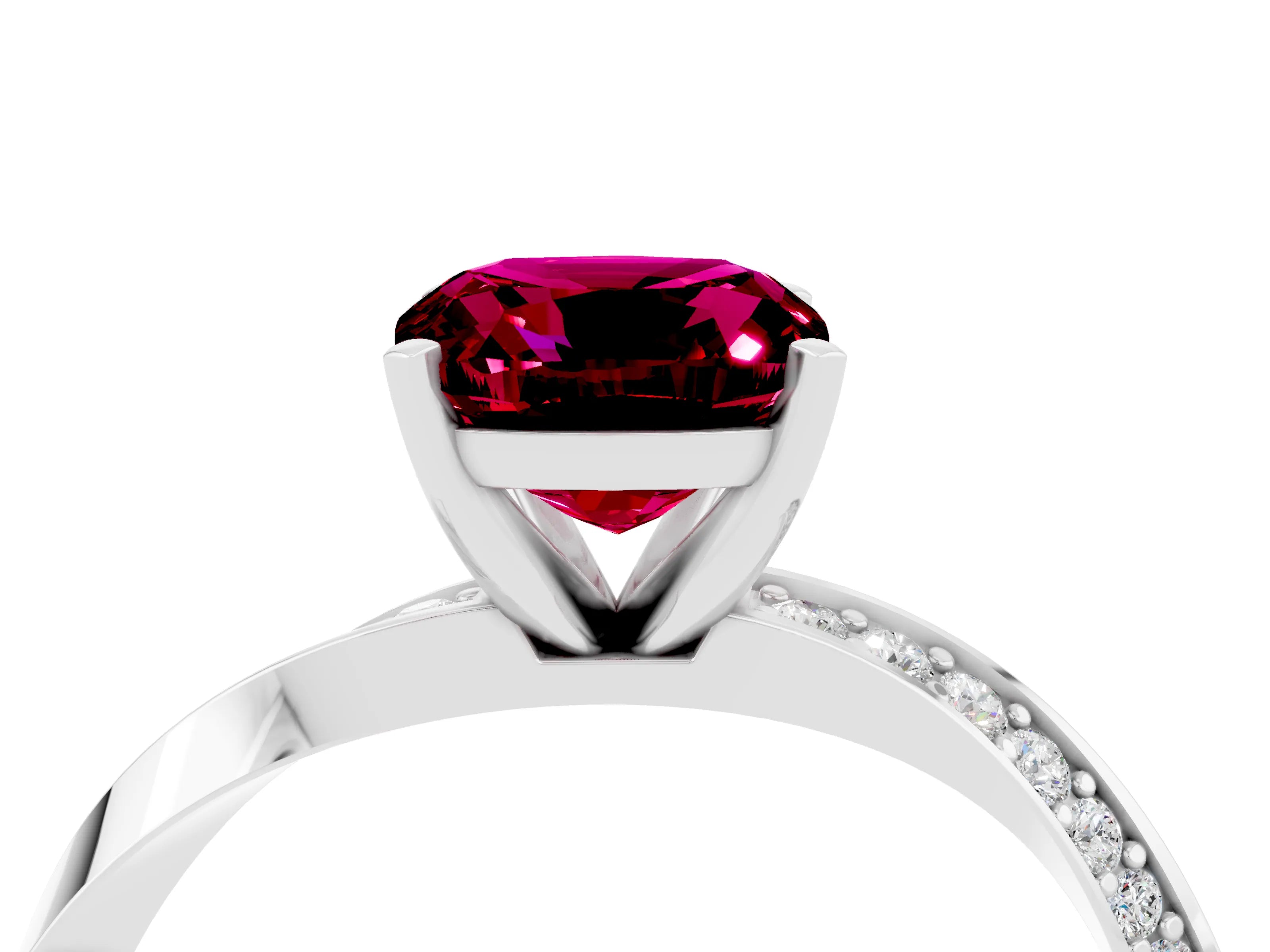 White gold Cushion Cut Garnet Engagement Ring with Side Stone Accents and Four-Prong Setting_31