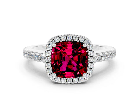 White gold Cushion Cut Garnet Halo Engagement Ring with Pavé Band and Prong Setting_12