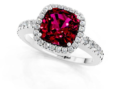 White gold Cushion Cut Garnet Halo Engagement Ring with Pavé Band and Prong Setting_13