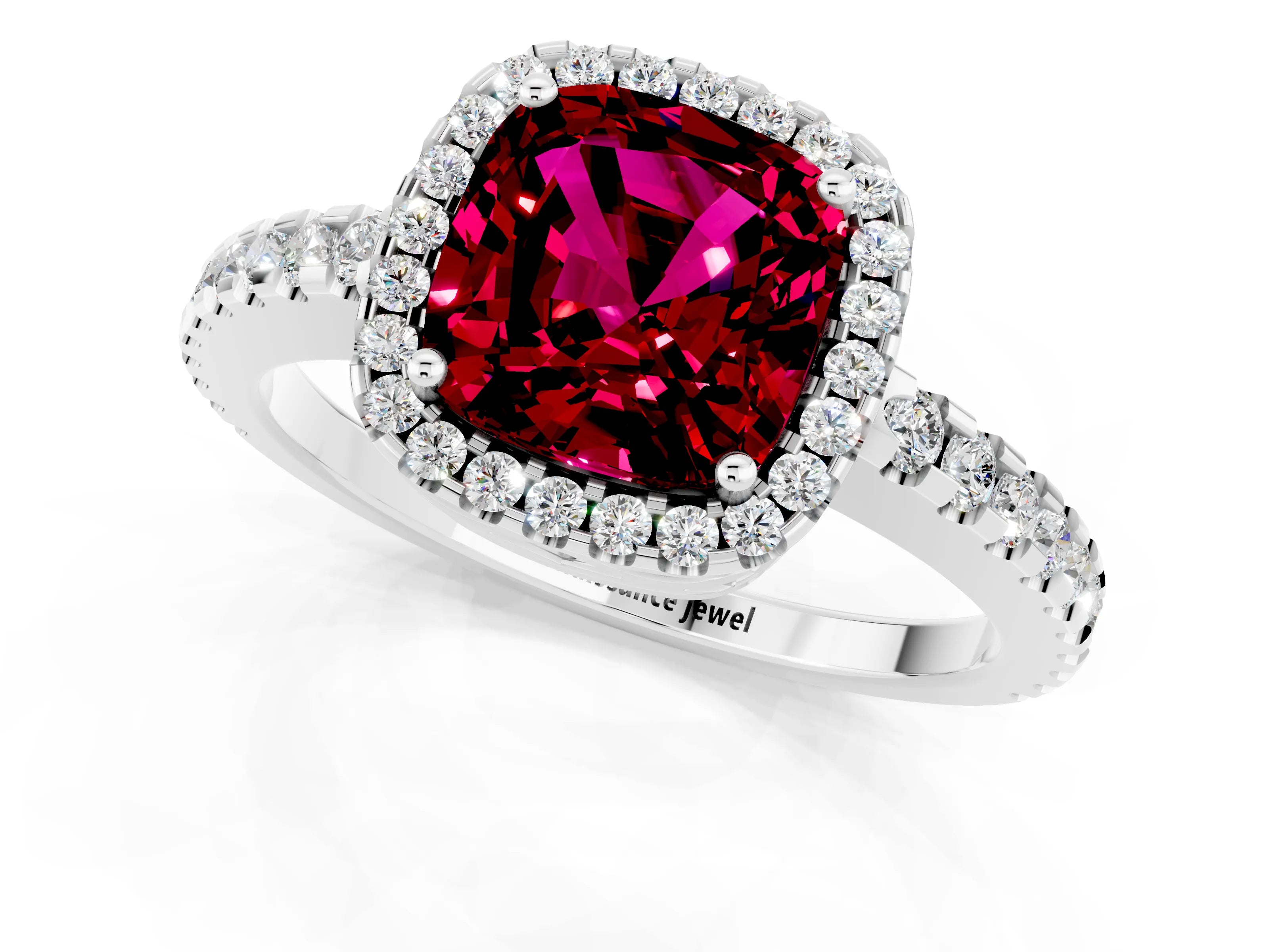 White gold Cushion Cut Garnet Halo Engagement Ring with Pavé Band and Prong Setting_13