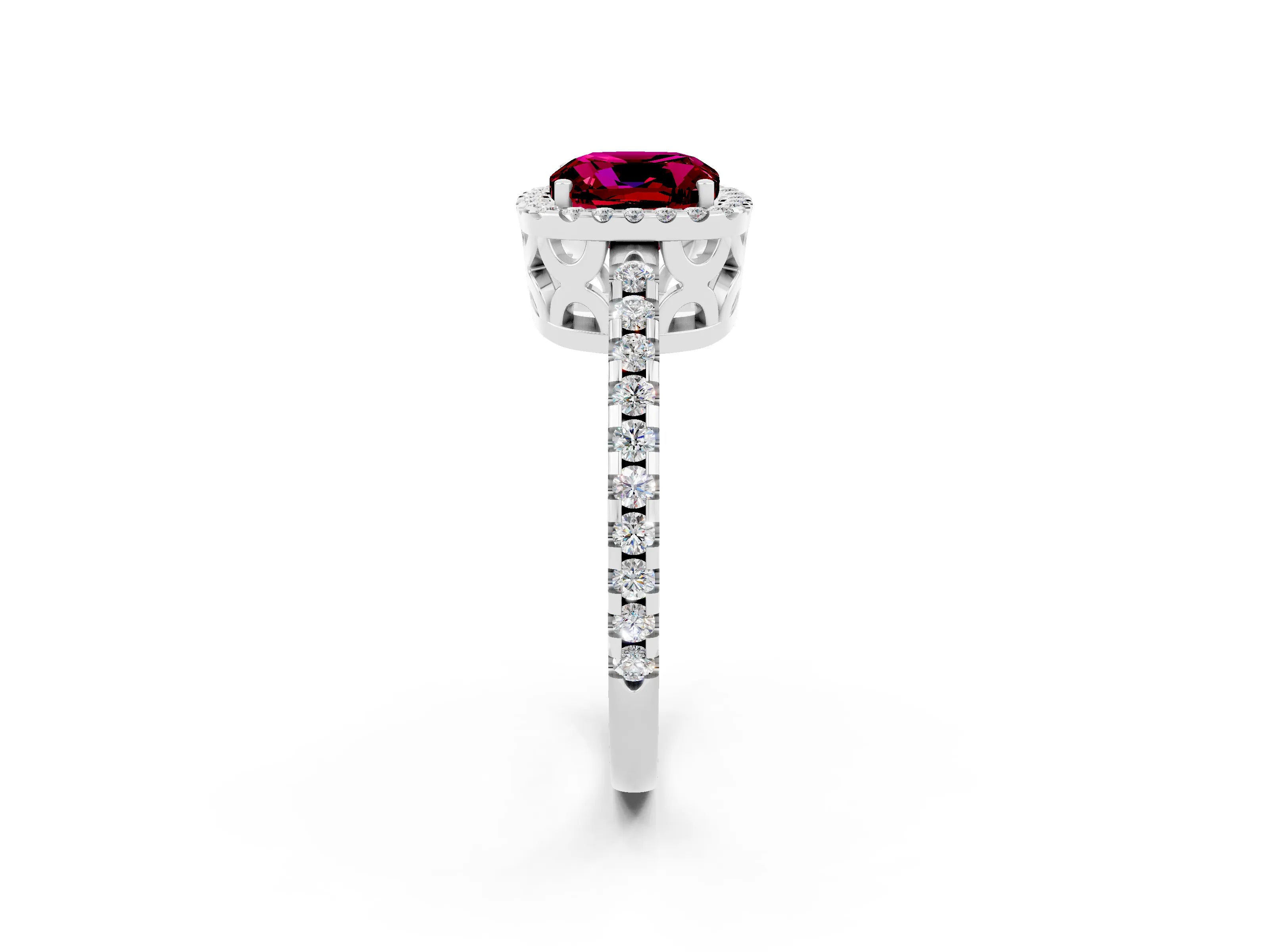 White gold Cushion Cut Garnet Halo Engagement Ring with Pavé Band and Prong Setting_14