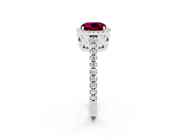 Platinum Cushion Cut Garnet Halo Engagement Ring with Pavé Band and Prong Setting