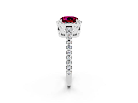 White gold Cushion Cut Garnet Halo Engagement Ring with Pavé Band and Prong Setting_14