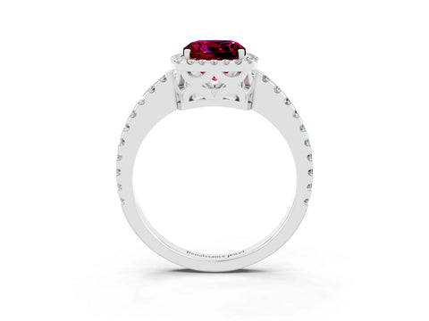 White gold Cushion Cut Garnet Halo Engagement Ring with Pavé Band and Prong Setting_15