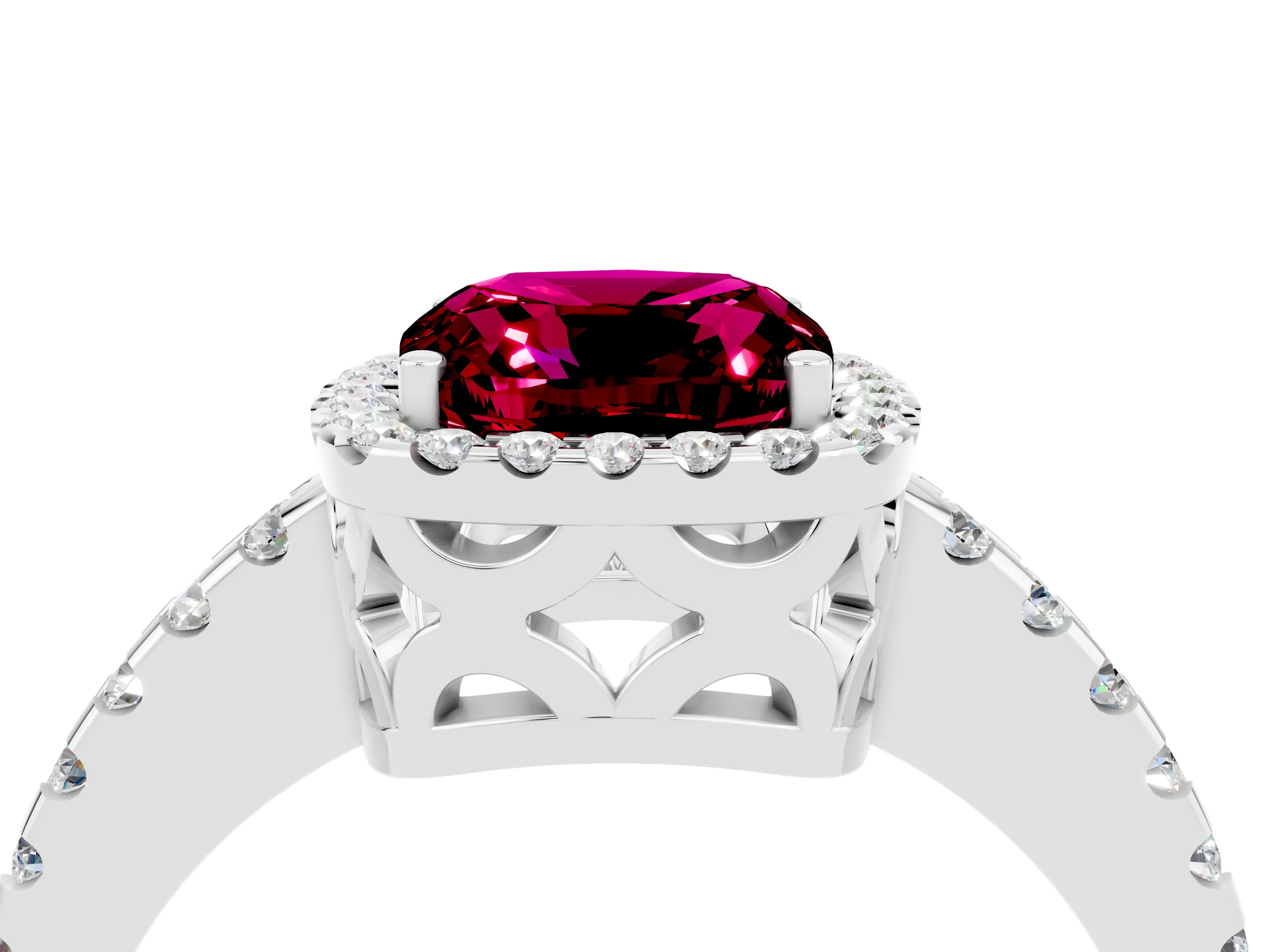 White gold Cushion Cut Garnet Halo Engagement Ring with Pavé Band and Prong Setting_16
