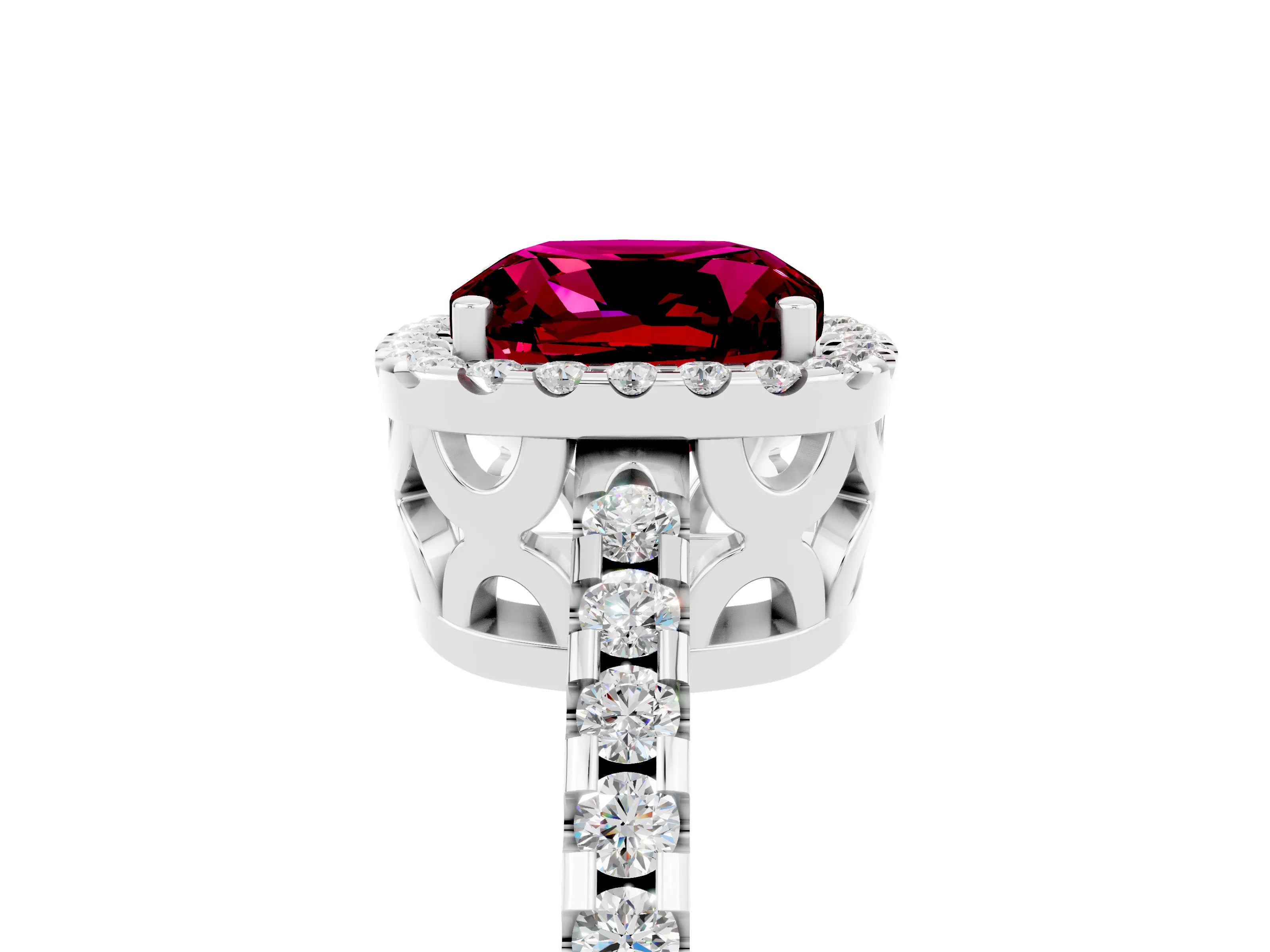 White gold Cushion Cut Garnet Halo Engagement Ring with Pavé Band and Prong Setting_17