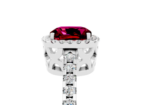 White gold Cushion Cut Garnet Halo Engagement Ring with Pavé Band and Prong Setting_17