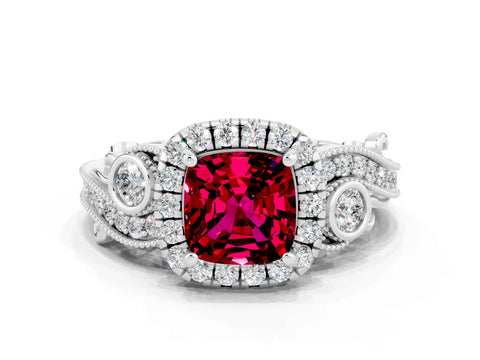 White gold Cushion Cut Garnet Halo Ring with Milgrain Pavé Band and Four-Prong Setting_12