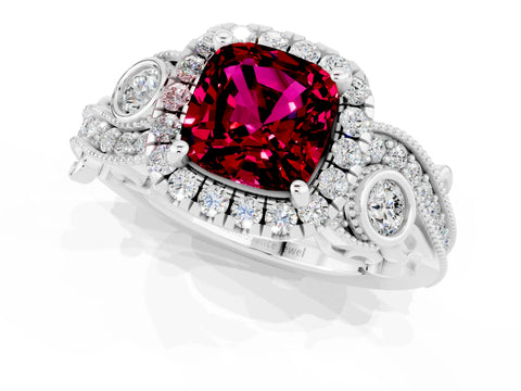 White gold Cushion Cut Garnet Halo Ring with Milgrain Pavé Band and Four-Prong Setting_13