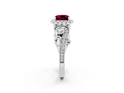 White gold Cushion Cut Garnet Halo Ring with Milgrain Pavé Band and Four-Prong Setting_14