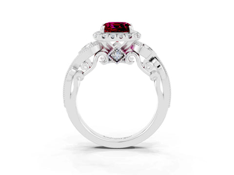White gold Cushion Cut Garnet Halo Ring with Milgrain Pavé Band and Four-Prong Setting_15