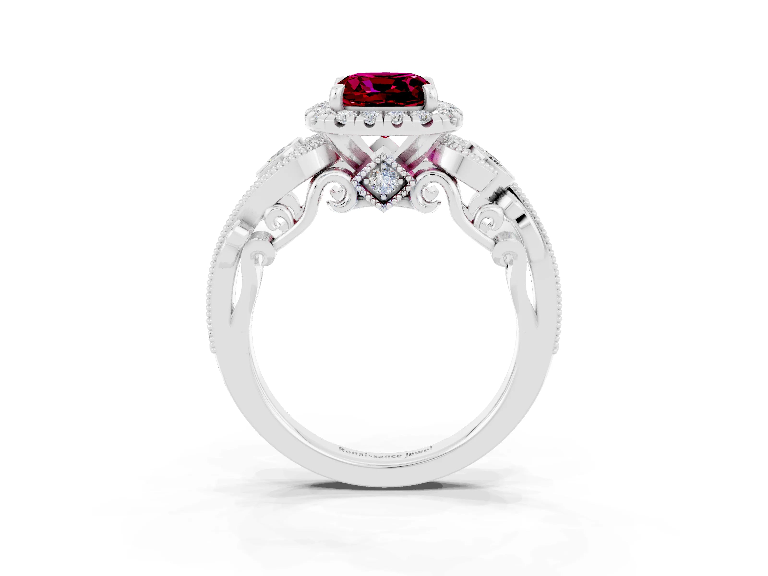 White gold Cushion Cut Garnet Halo Ring with Milgrain Pavé Band and Four-Prong Setting_15