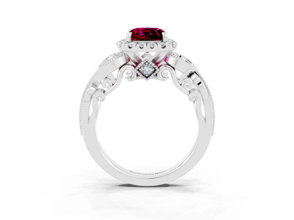 Silver Cushion Cut Garnet Halo Ring with Milgrain Pavé Band and Four-Prong Setting