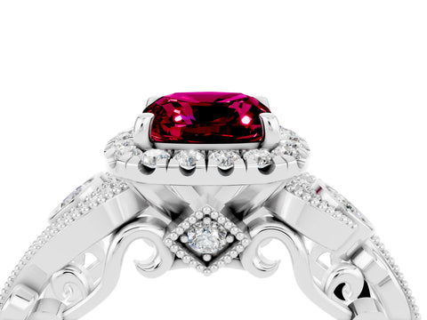 White gold Cushion Cut Garnet Halo Ring with Milgrain Pavé Band and Four-Prong Setting_16