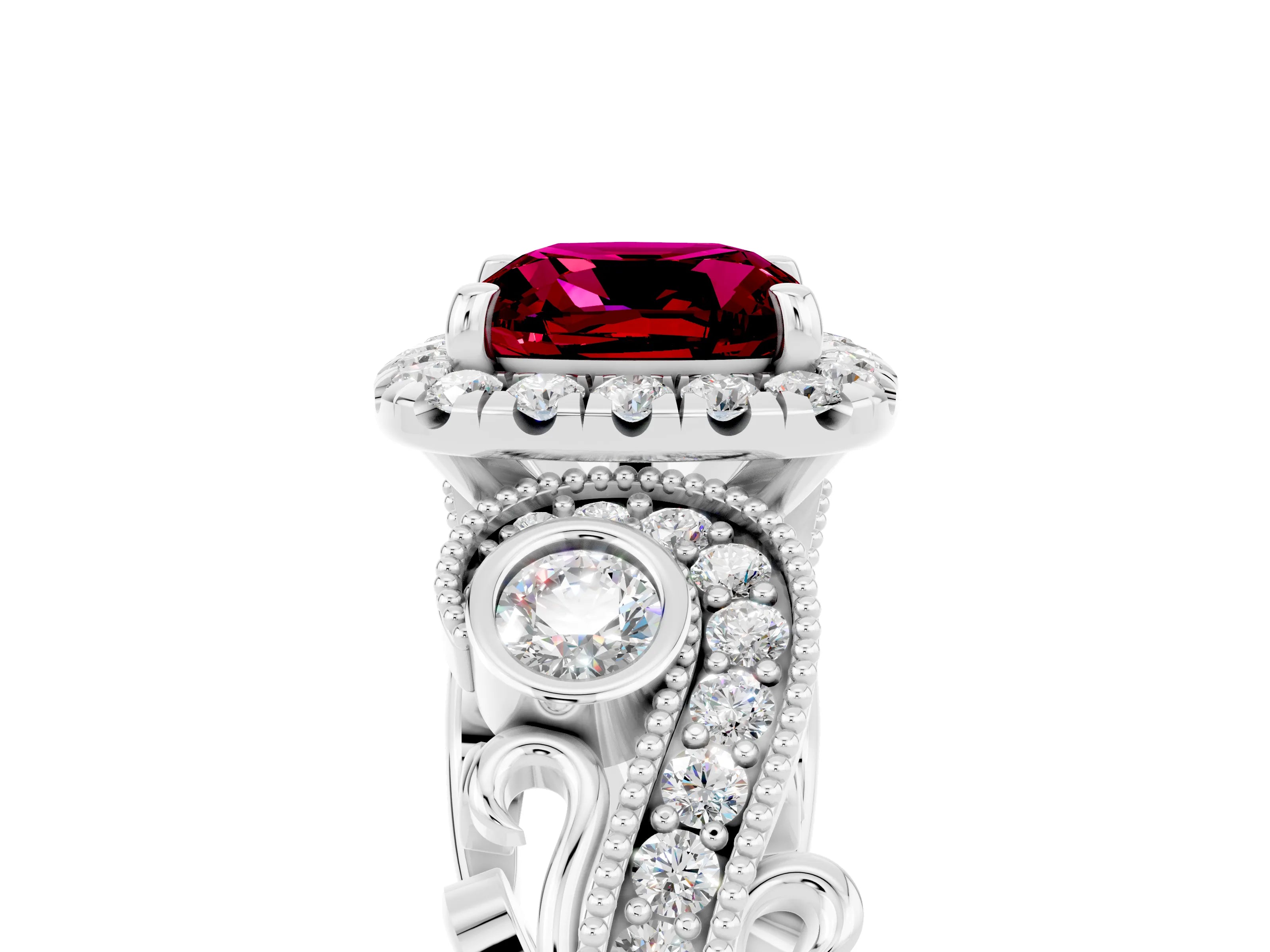 White gold Cushion Cut Garnet Halo Ring with Milgrain Pavé Band and Four-Prong Setting_17