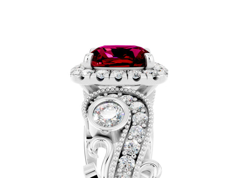 White gold Cushion Cut Garnet Halo Ring with Milgrain Pavé Band and Four-Prong Setting_17