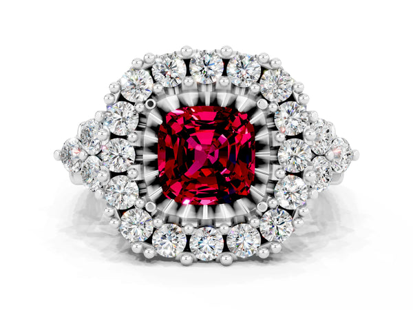 Silver Cushion Cut Garnet Halo Ring with Pavé Band and Four-Prong Setting