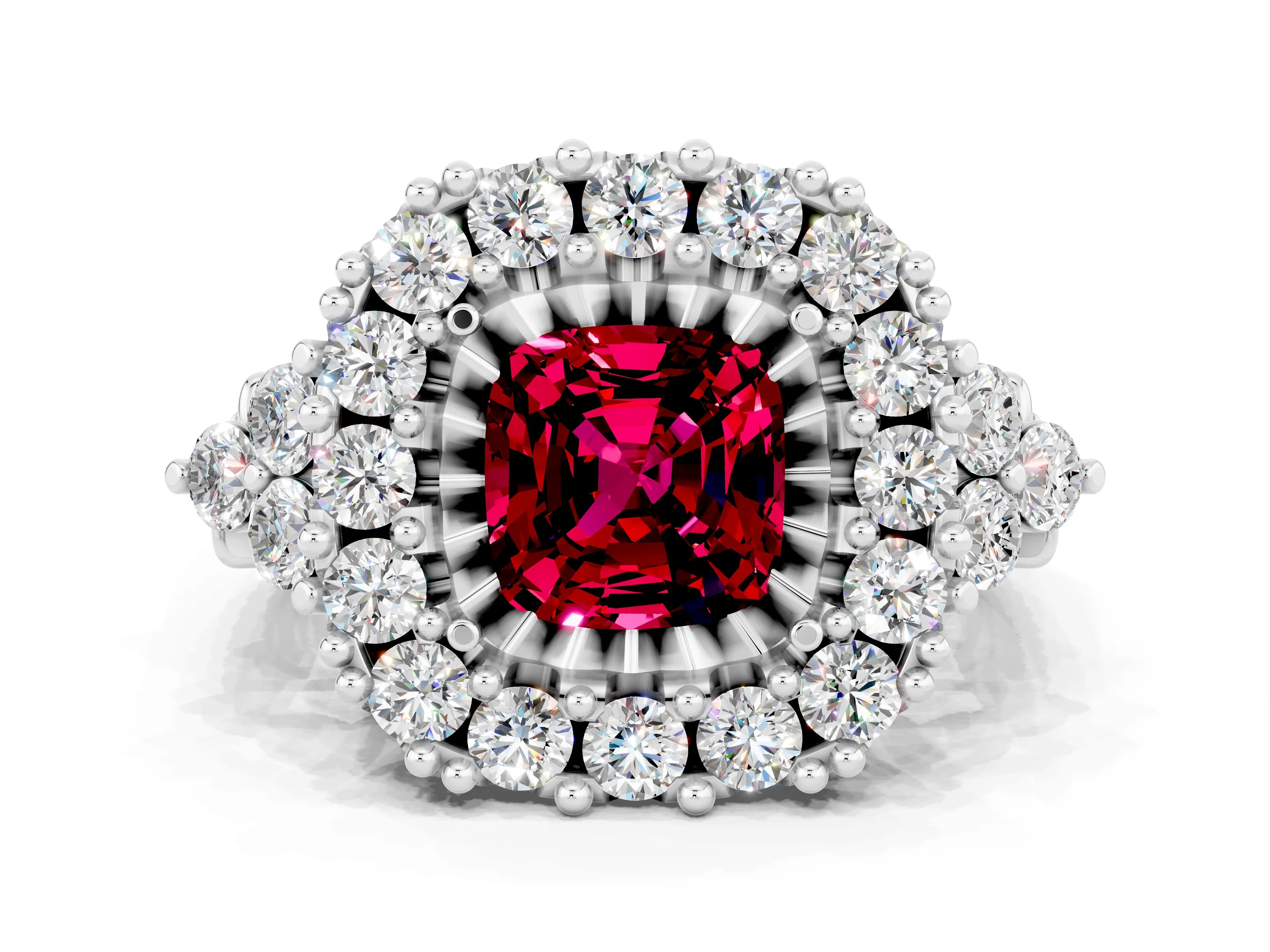 White gold Cushion Cut Garnet Halo Ring with Pavé Band and Four-Prong Setting_12