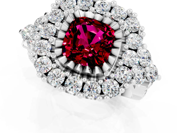 Platinum Cushion Cut Garnet Halo Ring with Pavé Band and Four-Prong Setting